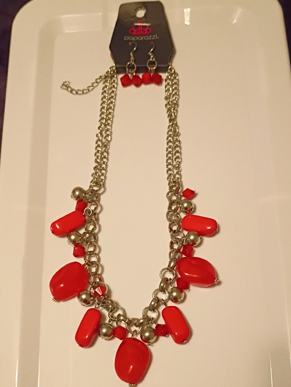 paparazzi Red Beaded Silver-Tone Statement Necklace with Earrings